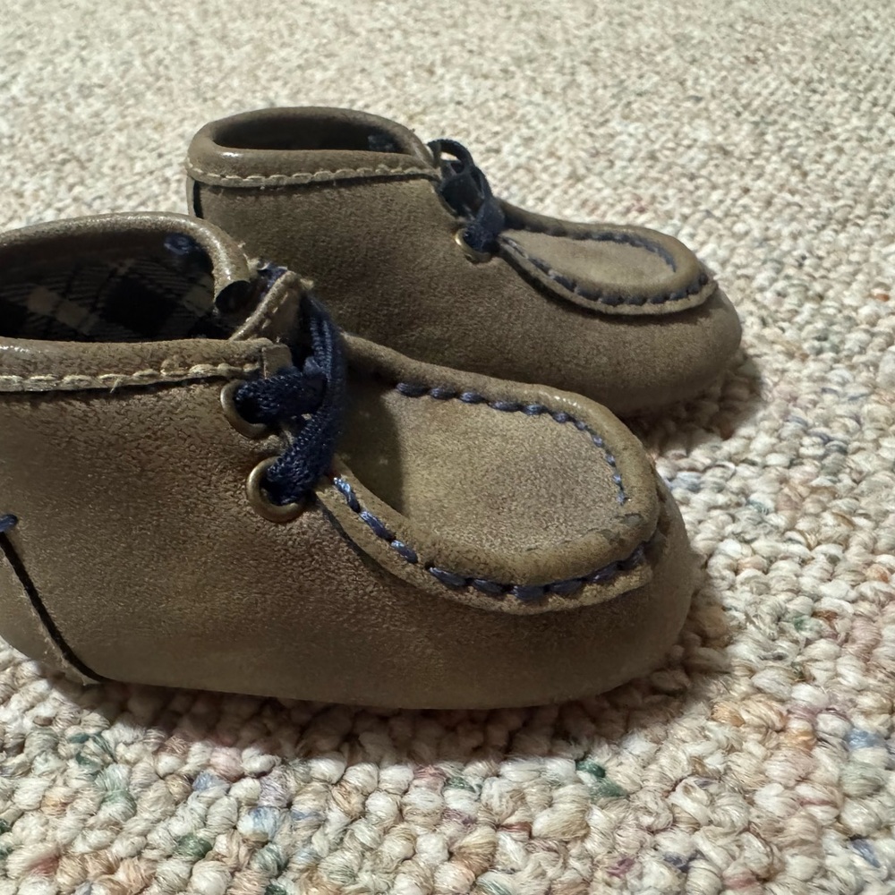 Kids Suede Moccasin Shoes in Brown with Navy Accents
